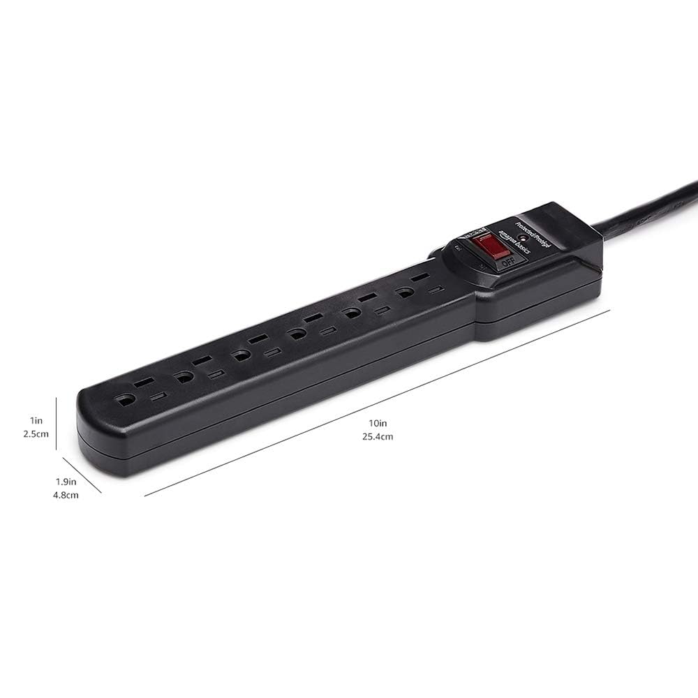 Amazon Basics 6 Outlet Surge Protector Power Strip with 200J – back view and specifications