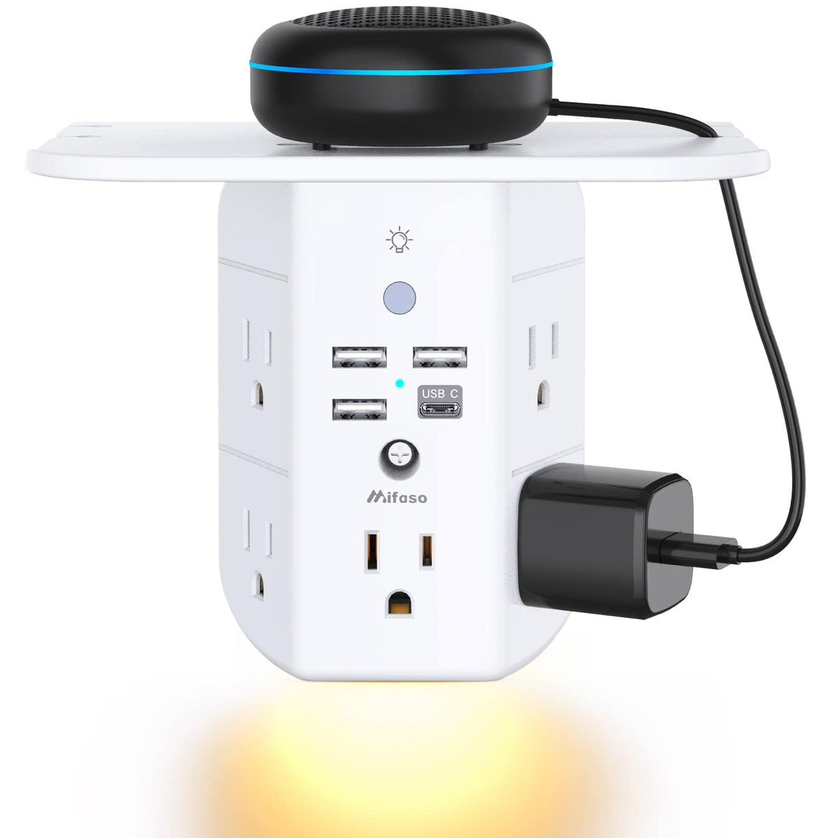 Mifaso Outlet Extender with Shelf and Night Light 1800J – White, Plastic Metal