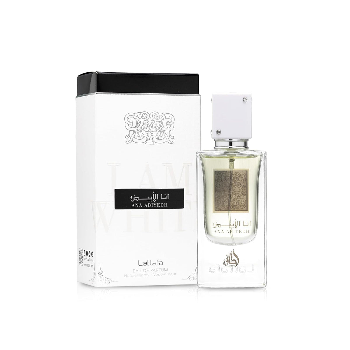 Lattafa Perfumes Ana Abiyedh for Unisex Eau de Parfum Spray – packaging and label