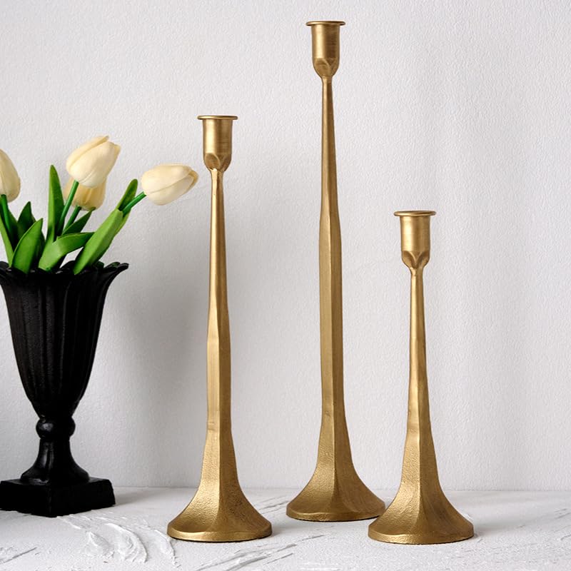 Denique Iron Taper Candle Holder Set of 3 Gold Candlestick - Denique Official Imagery - 1