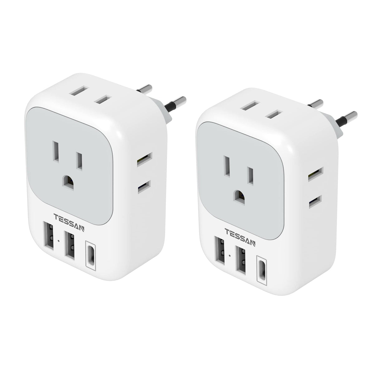 TESSAN European Travel Plug Adapter 2 Pack Type C Plug – White grey-Type C