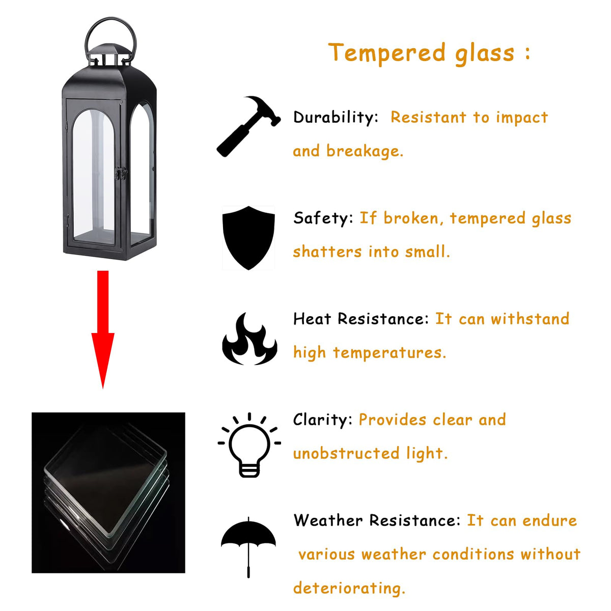 Bdor 16 Inches Metal and Tempered Glass Candle Lantern - Bdor Official Imagery - 6