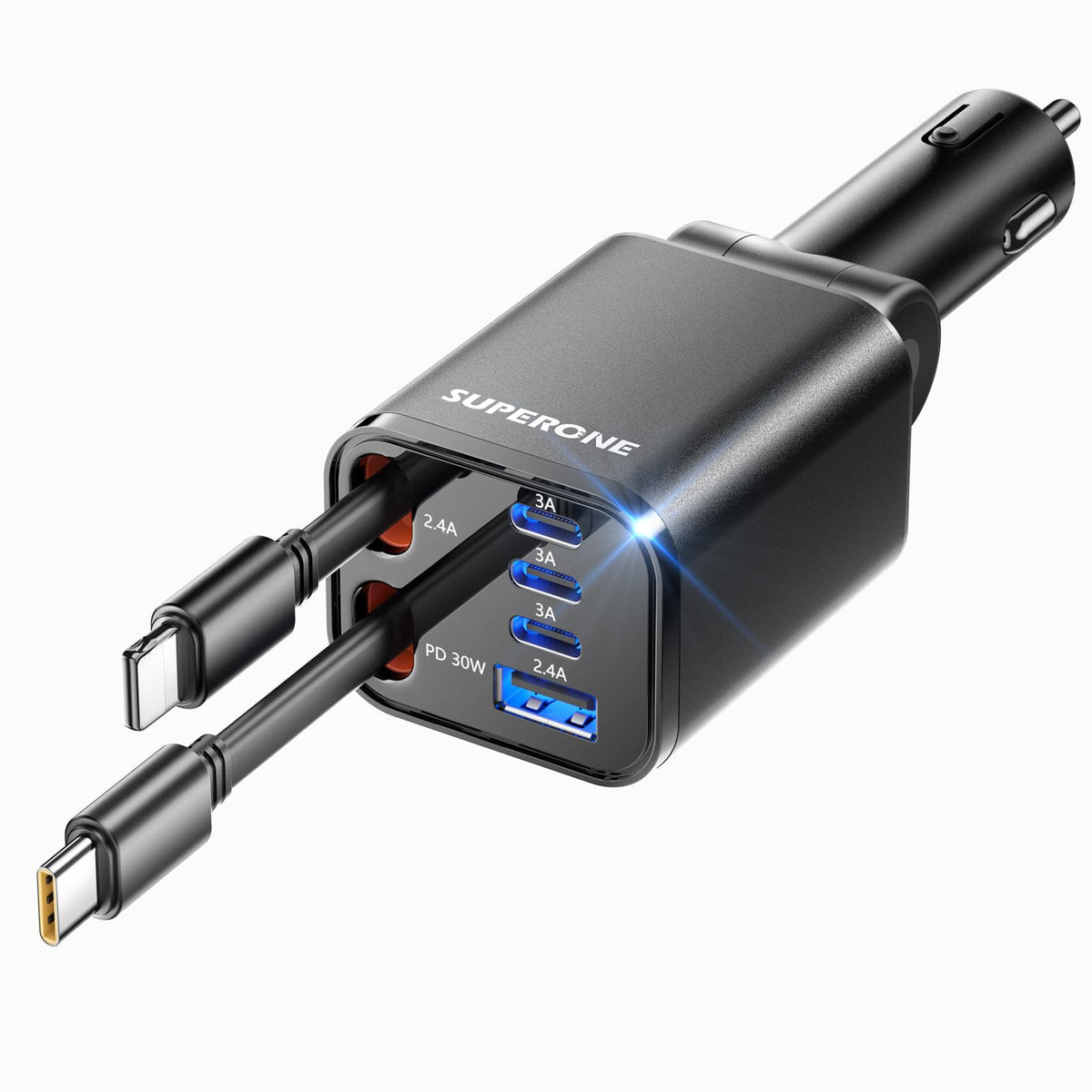 Retractable Car Charger SUPERONE 99W Car Phone Charger with – Black, Plastic