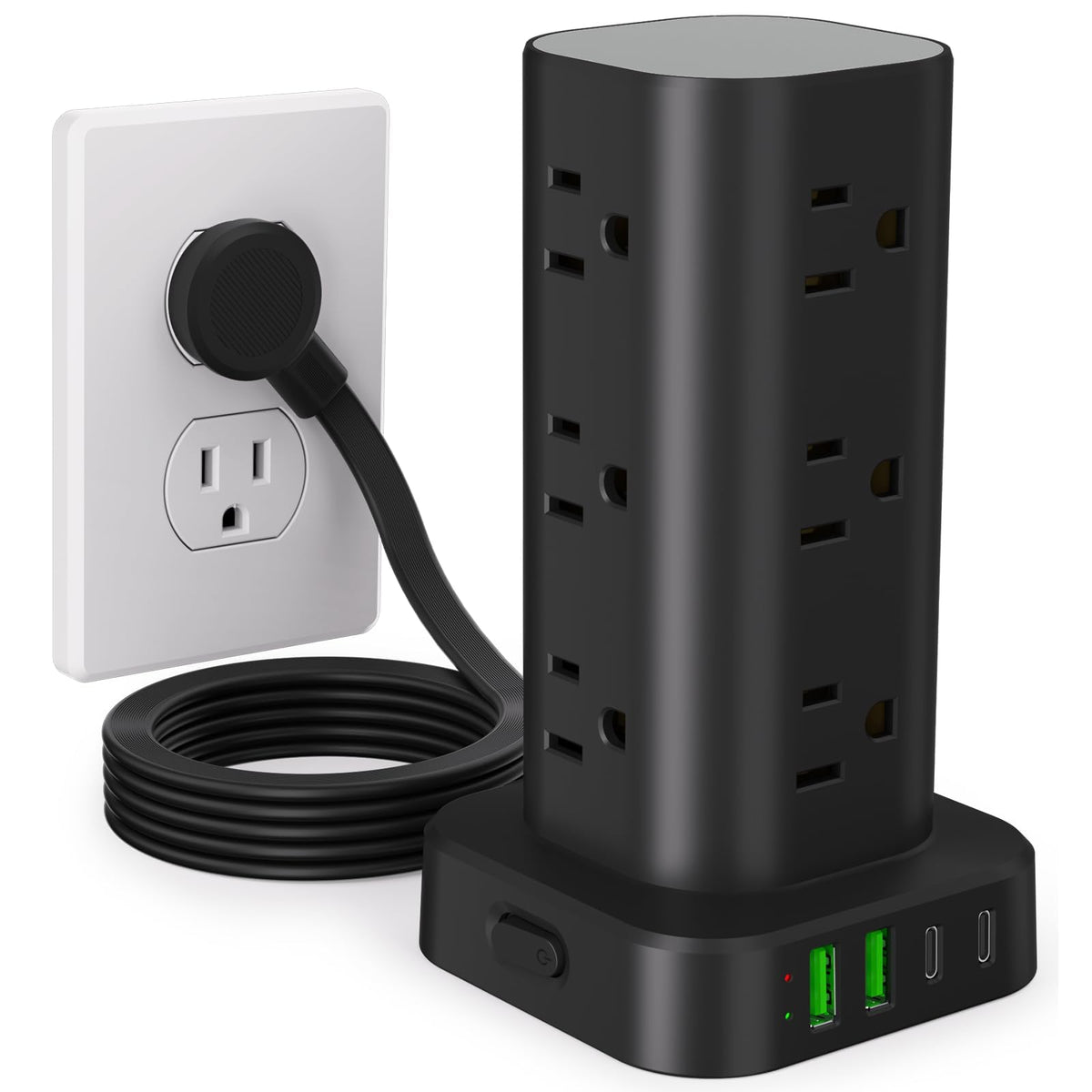 UWIWUTEI 6FT Power Strip Tower Surge Protector 12 Wide Spaced Outlets – Black, Plastic