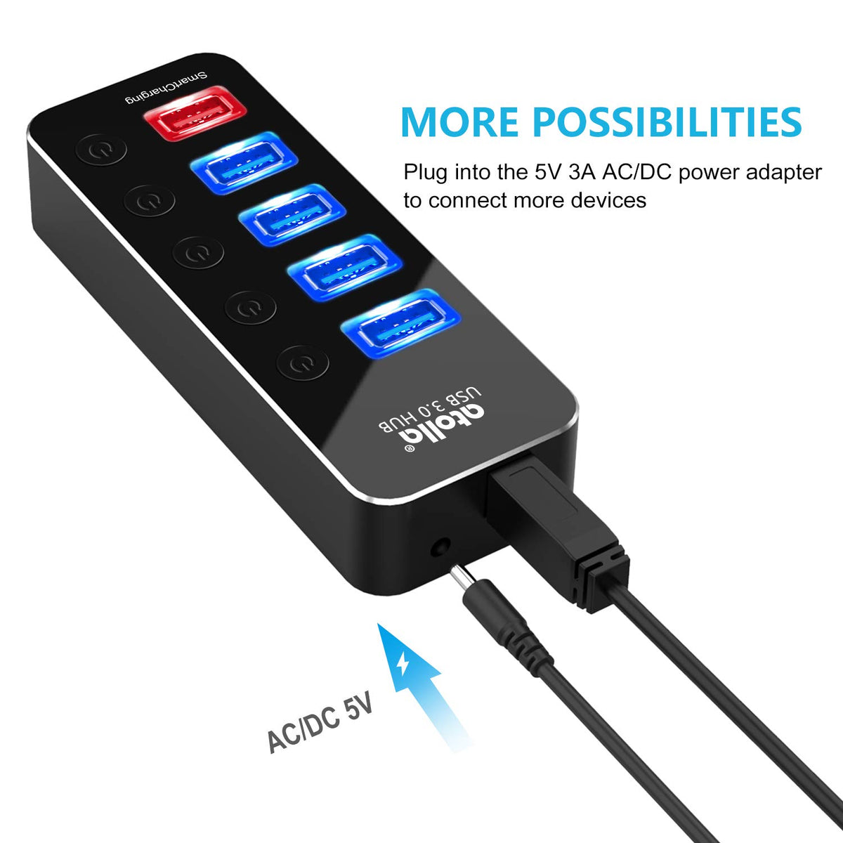 Powered USB Hub atolla Aluminum 5 Port USB 3 0 Hub with 4 – alternate angle
