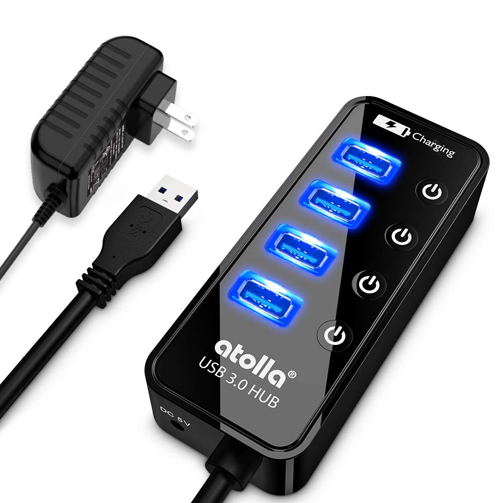 atolla Powered USB Hub 3 0 4 Port Charging Port with – black, Plastic