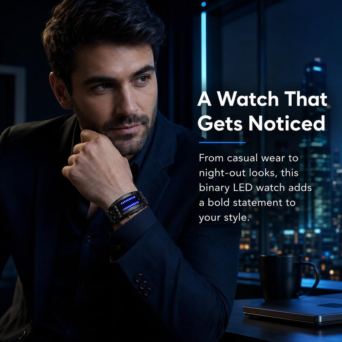 FANMIS Creative Mens Binary Matrix Blue LED Digital Watch – packaging and label