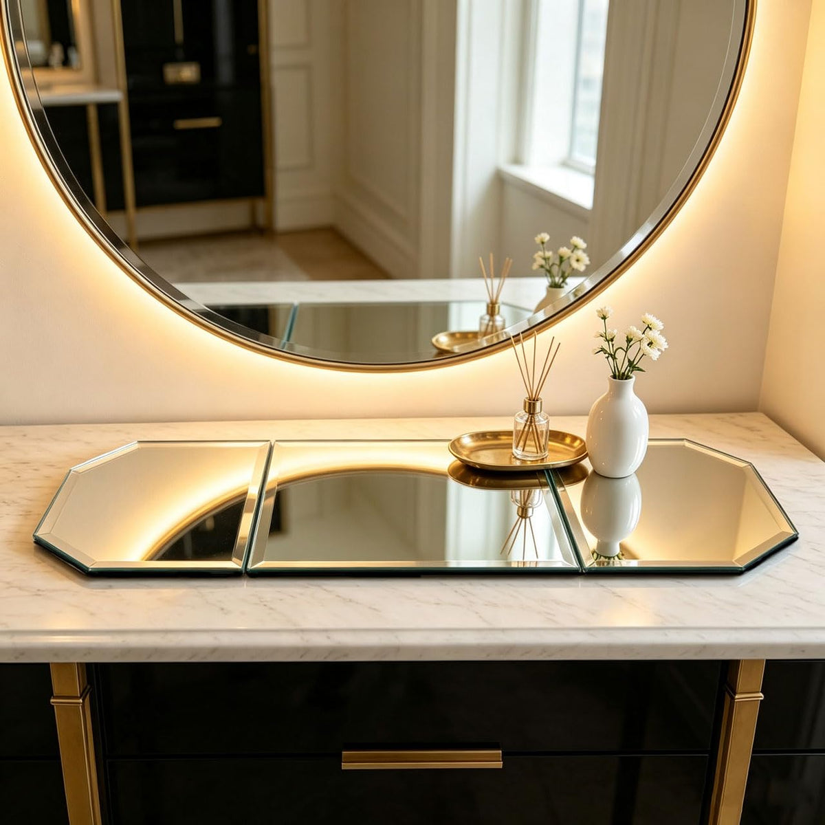 Beveled Glass Mirror Table Runner Mat 35x12 Inch Three Panel - GIMORRTO Official Imagery - 4