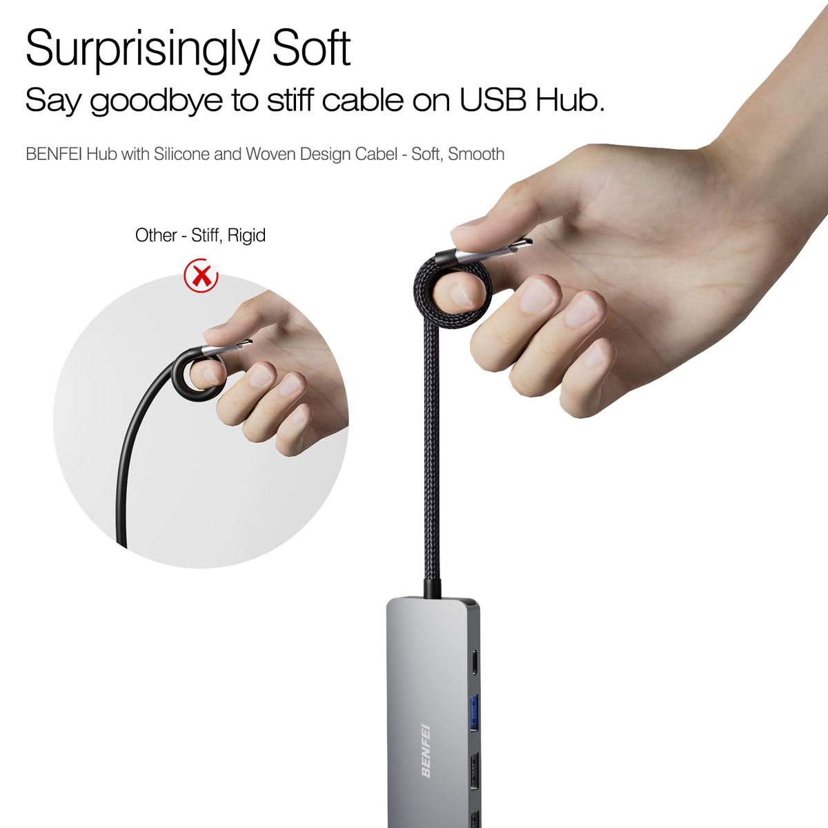 BENFEI USB C Hub 5 in 1 with 4K HDMI 100W Power Delivery 3 – close-up detail in Gray
