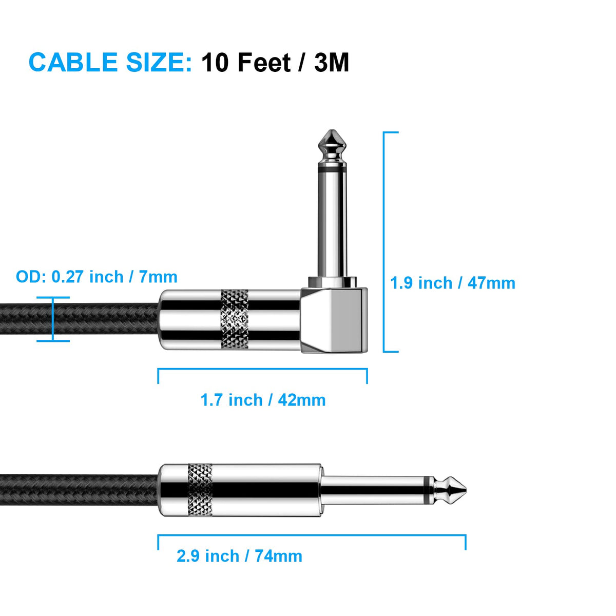New Bee Guitar Cable 10ft Electric Instrument Bass AMP Cord – close-up detail in Black