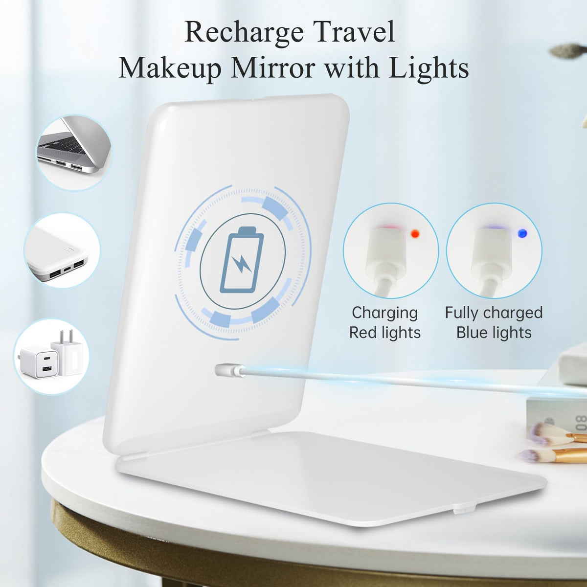 FUNTOUCH Rechargeable Travel Makeup Mirror with 72 Led – close-up detail in White