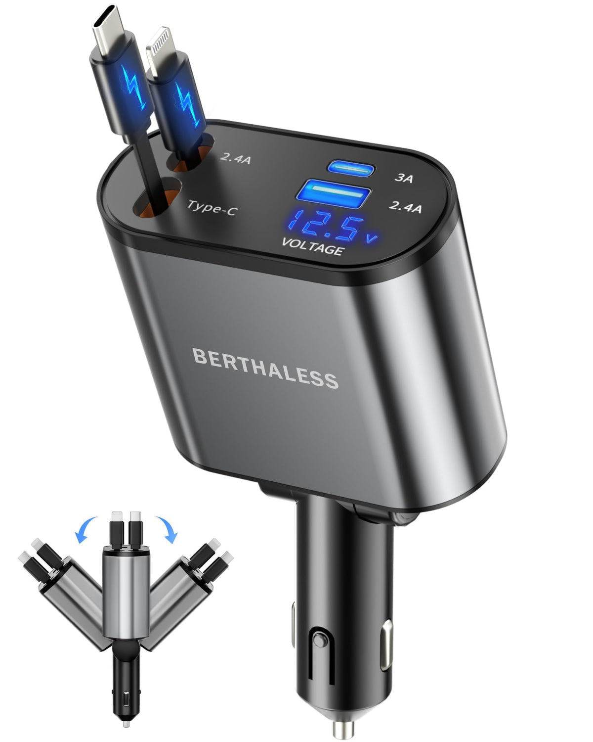 BERTHALESS Retractable Car Charger 4 in 1 Fast Charging Car Charger – Grey