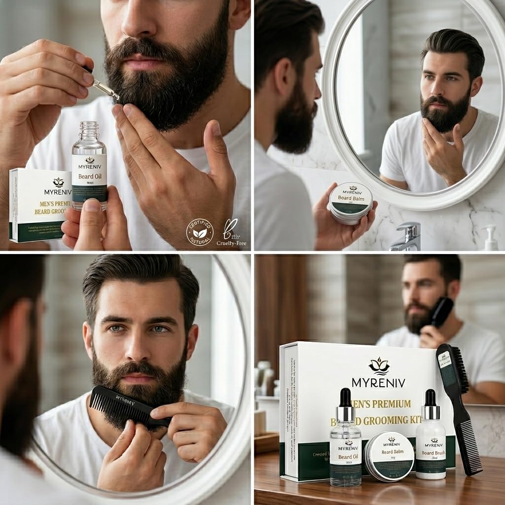 Men s Premium Beard Grooming Kit Beard Oil Beard Balm Beard - MYRENIV Official Imagery - 4