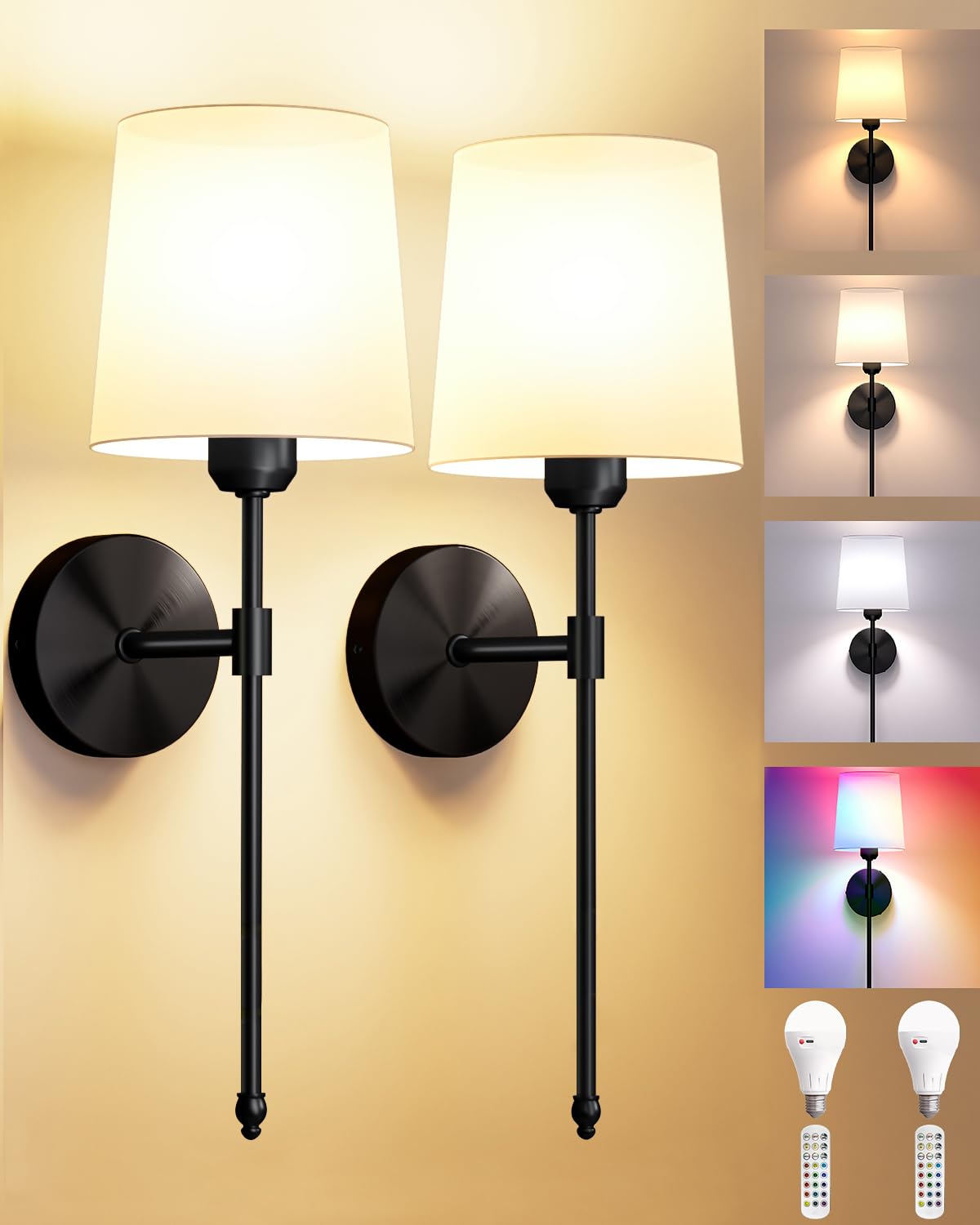 Battery Operated Wall Sconces Set of 2 Remote Control RGB - Ouyulong Official Imagery - 2