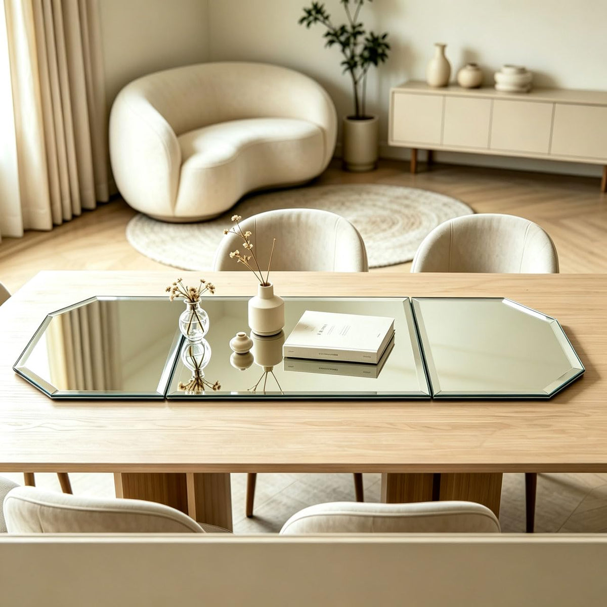 Beveled Glass Mirror Table Runner Mat 35x12 Inch Three Panel - GIMORRTO Official Imagery - 2
