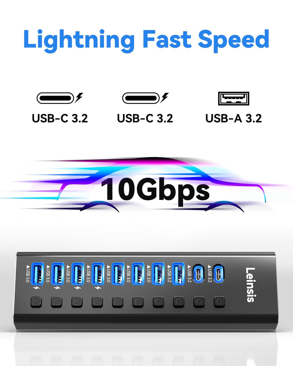 Powered USB Hub 3 2 LEINSIS 10 Port USB 3 2 USB C Hub with – packaging and label