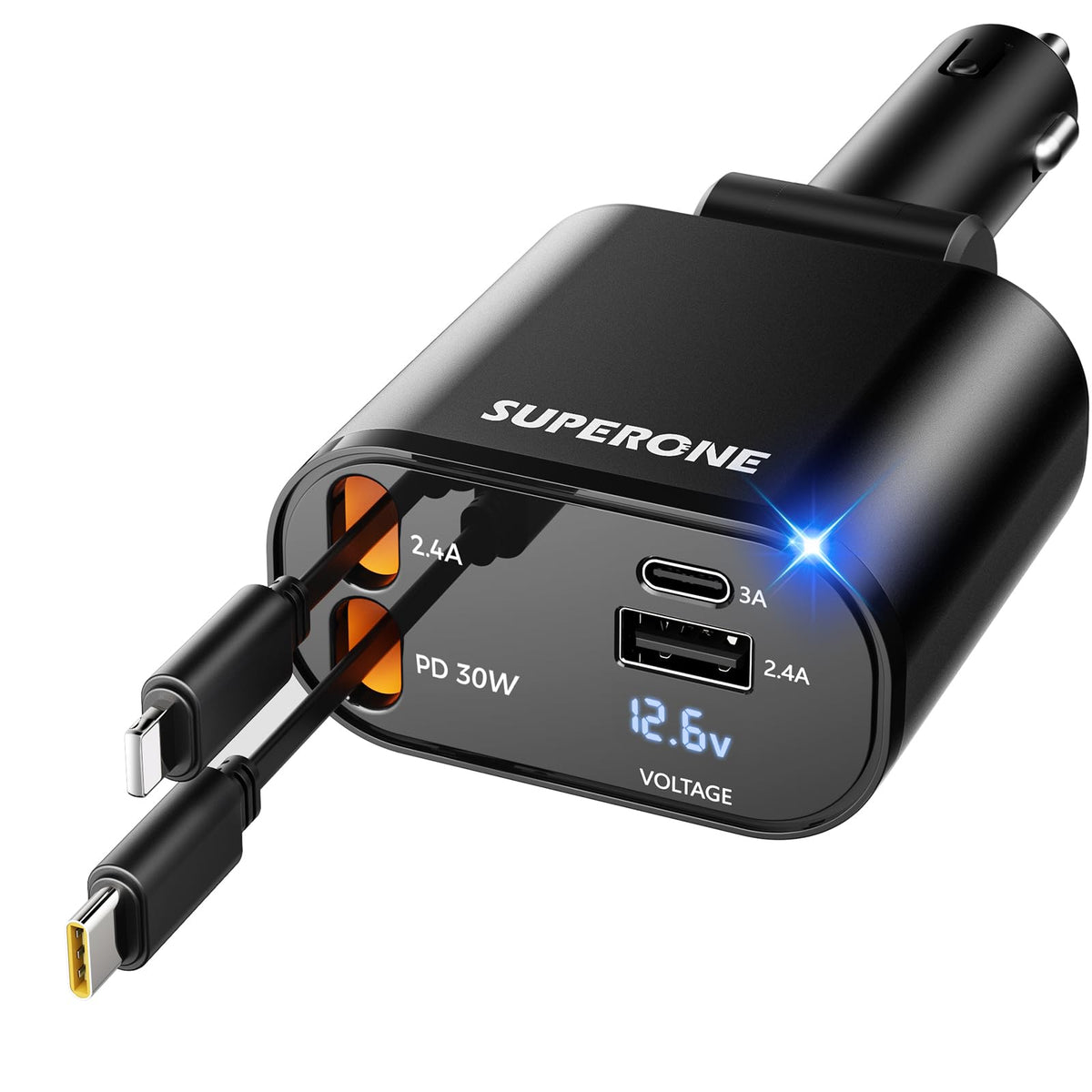SUPERONE Retractable Car Charger 4 in 1 Fast Phone Charger – Black, Metal Or Metal Combination