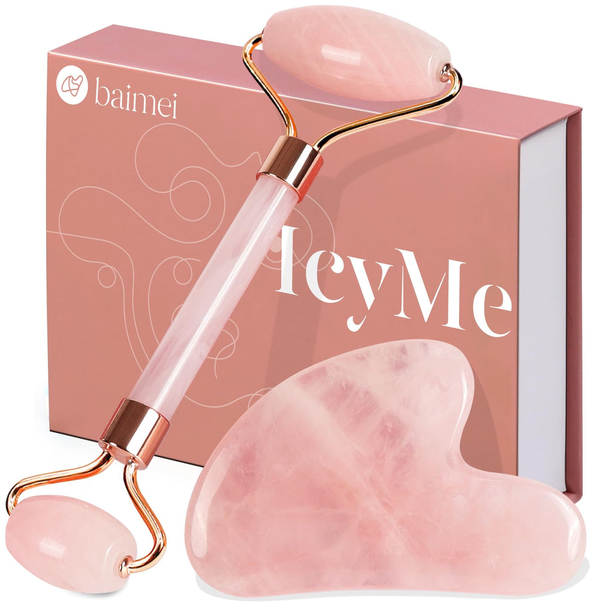 BAIMEI IcyMe Rose Quartz Roller Gua Sha Facial Tool Set for – product photo (Facial Rollers)