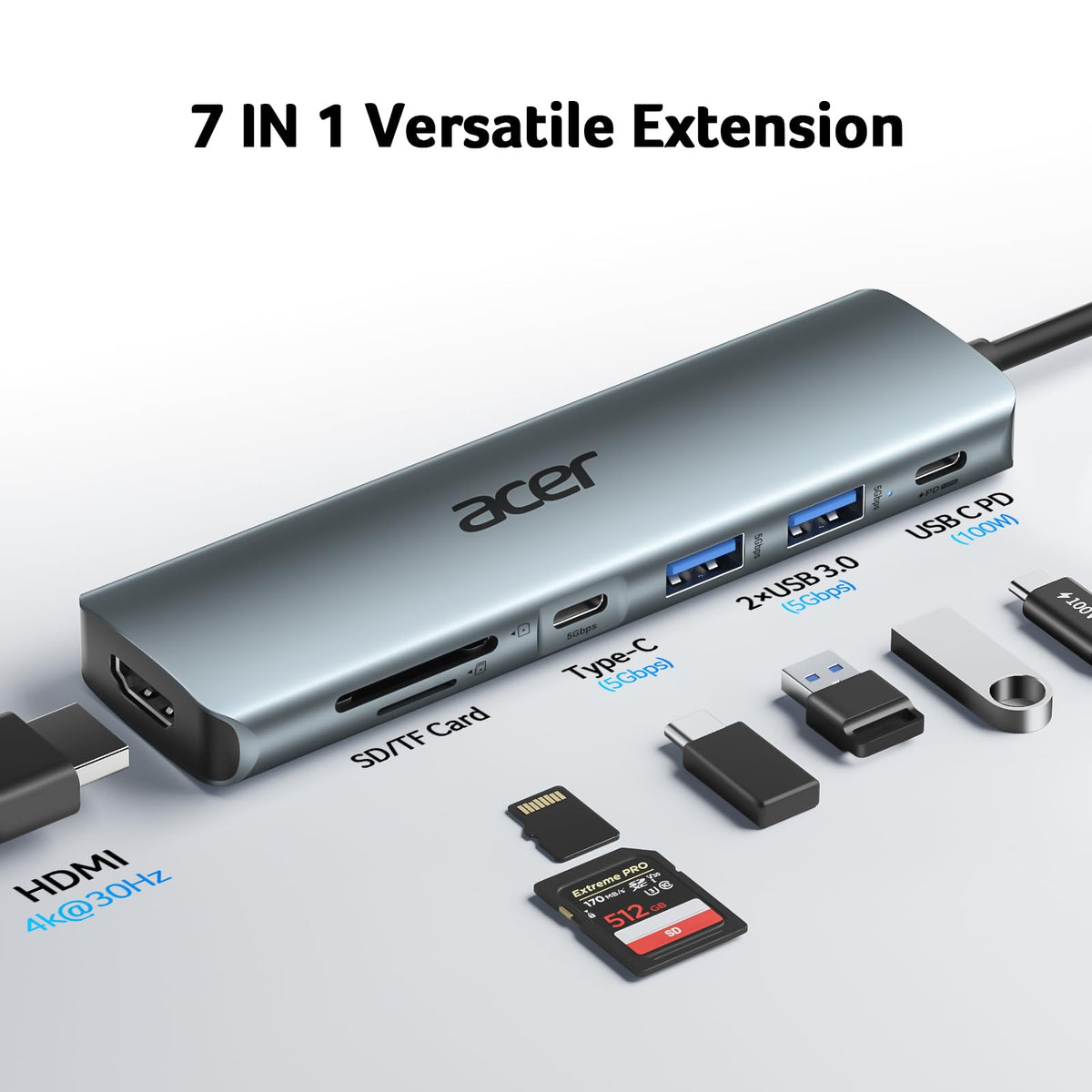 Premium Selection Acer USB C Hub 7 in 1 Multi Port Adapter for Laptop Mac Type – close-up detail in Space grey