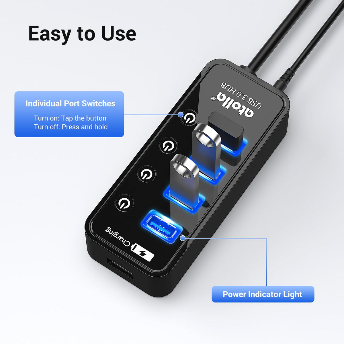 atolla Powered USB Hub 3 0 4 Port Charging Port with – back view and specifications