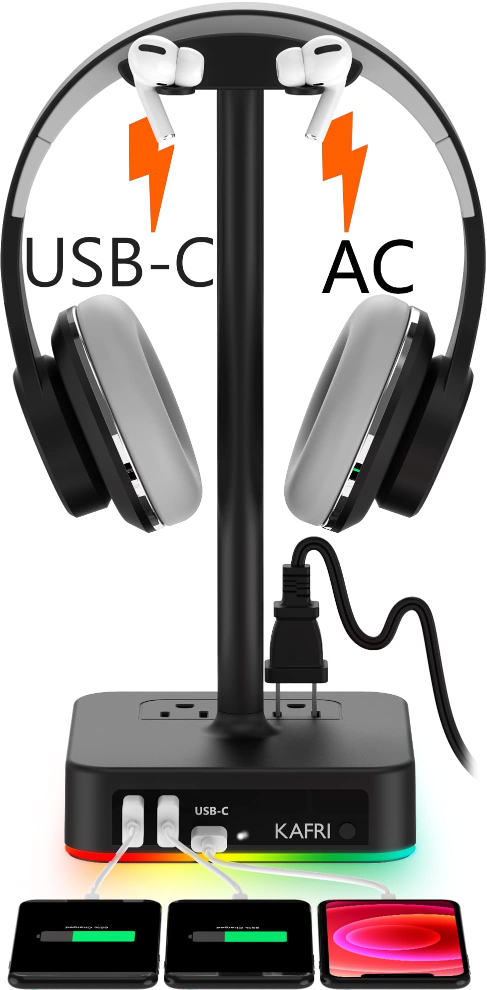 KAFRI RGB Headphone Stand with USB A C Charger Desk Gaming – product photo (Headsets)