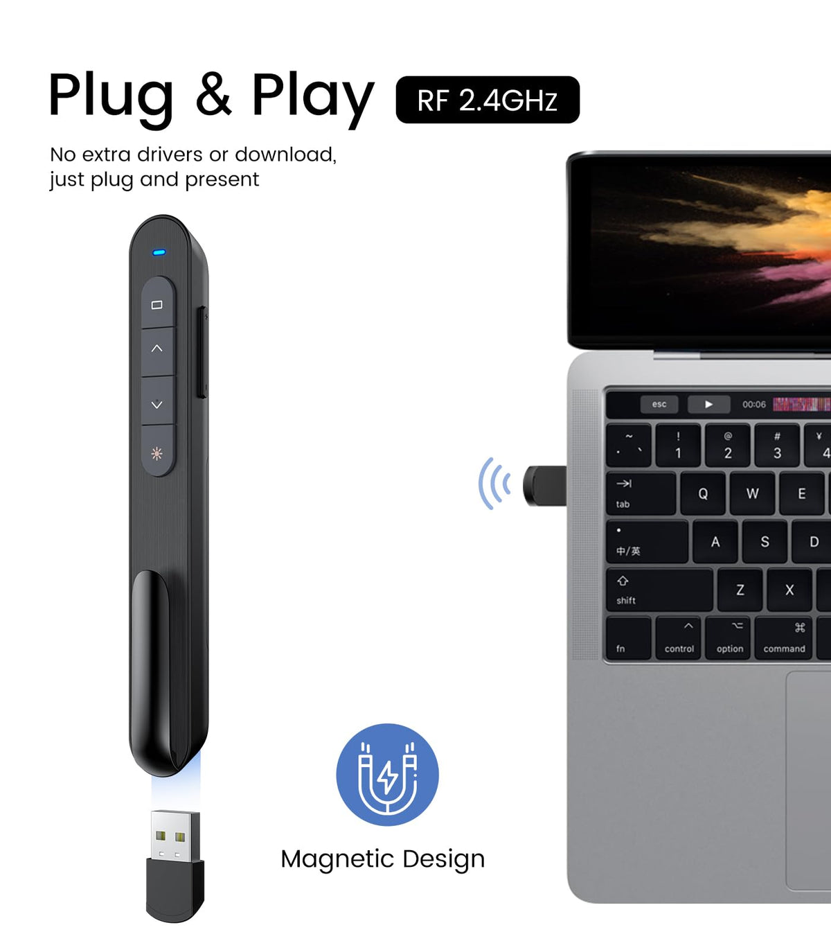 DinoFire Wireless Presenter Hyperlink Volume Control Presentation – close-up detail in Black