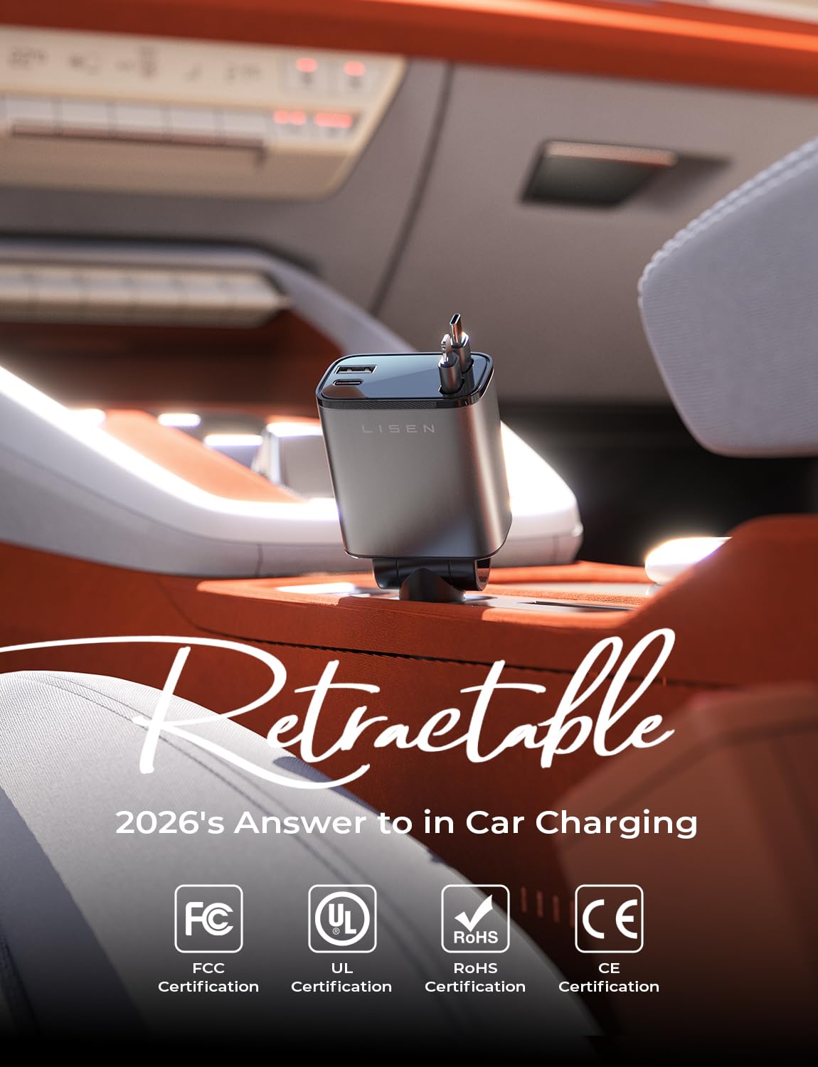 LISEN Retractable Car Charger 84W Car Charger USB C Fast – close-up detail in Grey