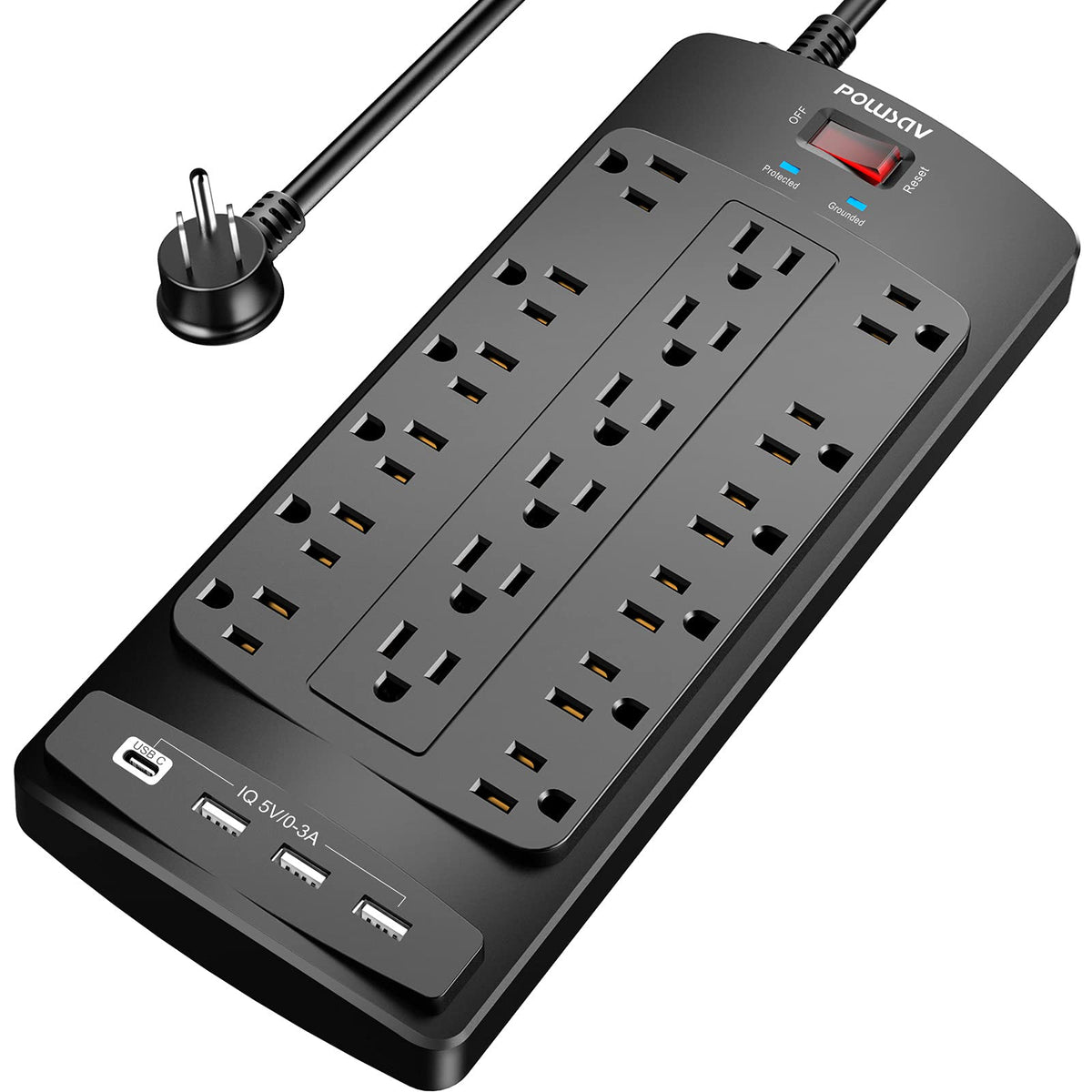 POWSAV 18 Outlets Surge Protector Power Strip – Black, Metal Oxide
