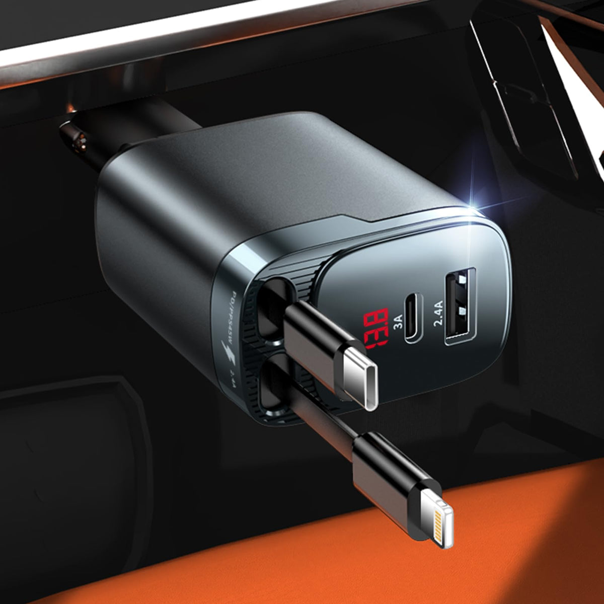 Estbuc 84W Retractable Car Charger 4 in 1 Car Charger USB C Fast – Grey, Acrylonitrile Butadiene Styrene, Metal