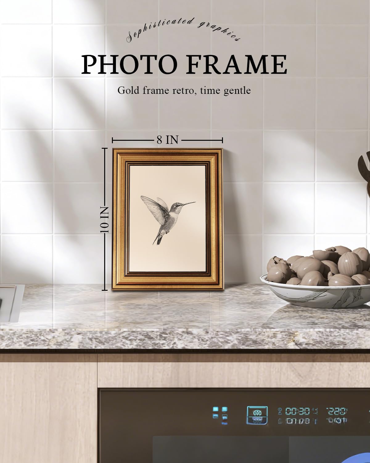 VIYYIEA Vintage Gold Framed Wall Art Hummingbird Sketch – close-up detail in 【Hummingbird】
