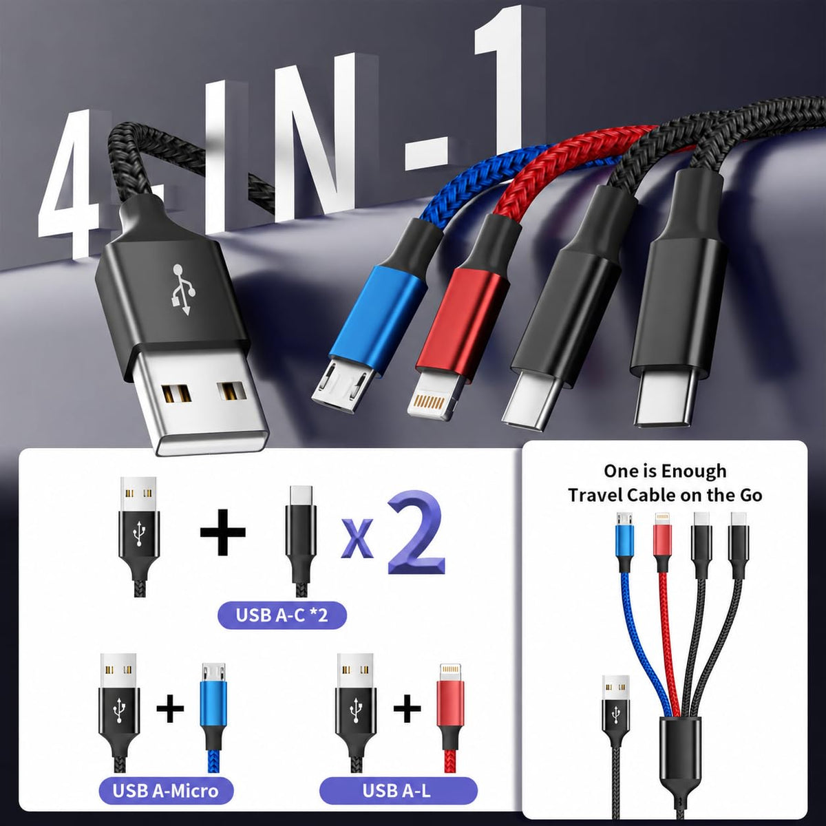 MPATIBY Dual USB C 4 in 1 Multi Charging Cable Charging Cords for – close-up detail in Multicolored