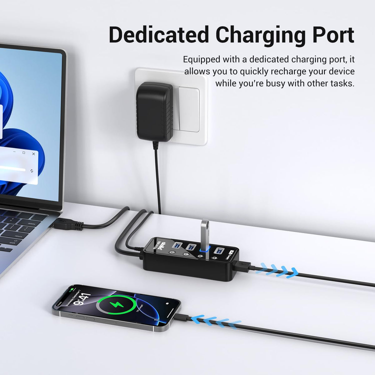 atolla Powered USB Hub 3 0 4 Port Charging Port with – packaging and label
