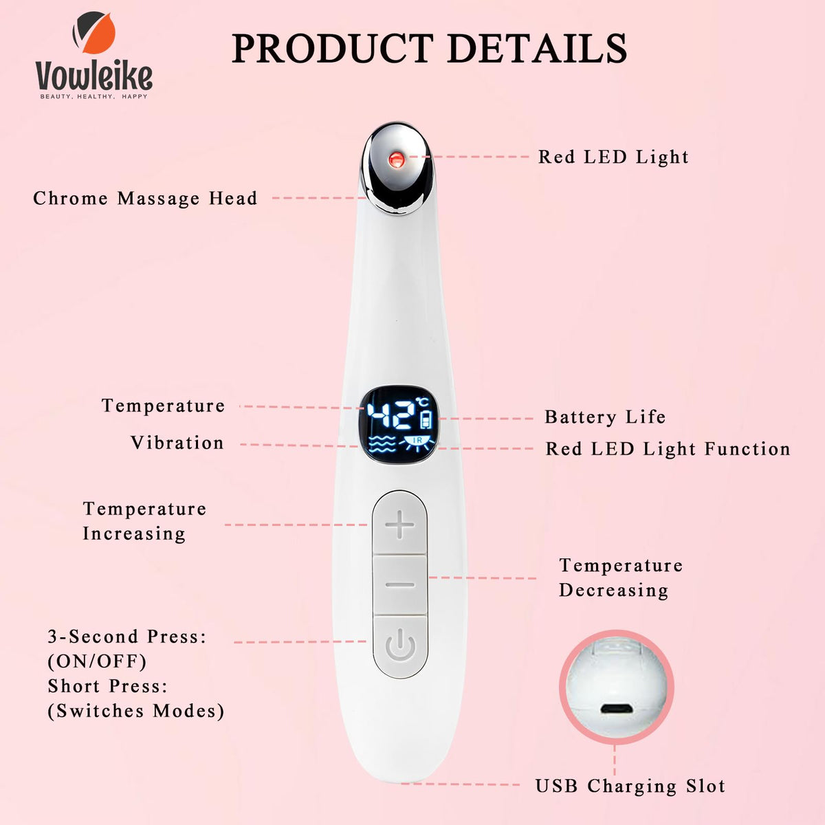 Heated Eye Wand 3 in 1 Vibrating Eye Lift Wand White - Vowleike Official Imagery - 5