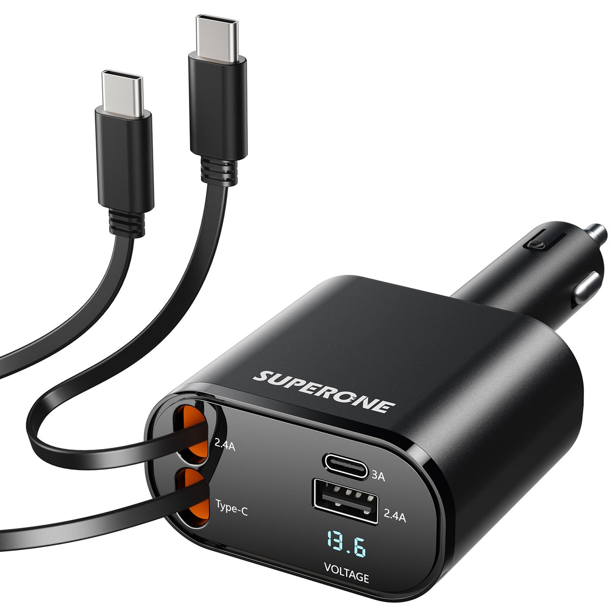 SUPERONE Retractable USB C Car Charger 69W 4 in 1 Fast – Black, Plastic