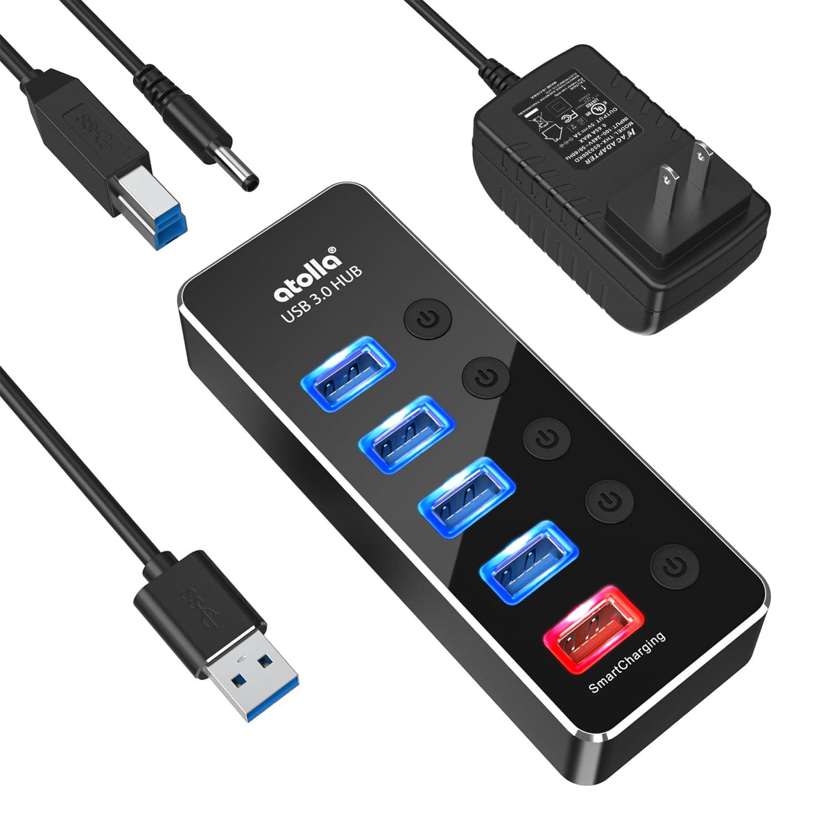 Powered USB Hub atolla Aluminum 5 Port USB 3 0 Hub with 4 – black, Aluminum