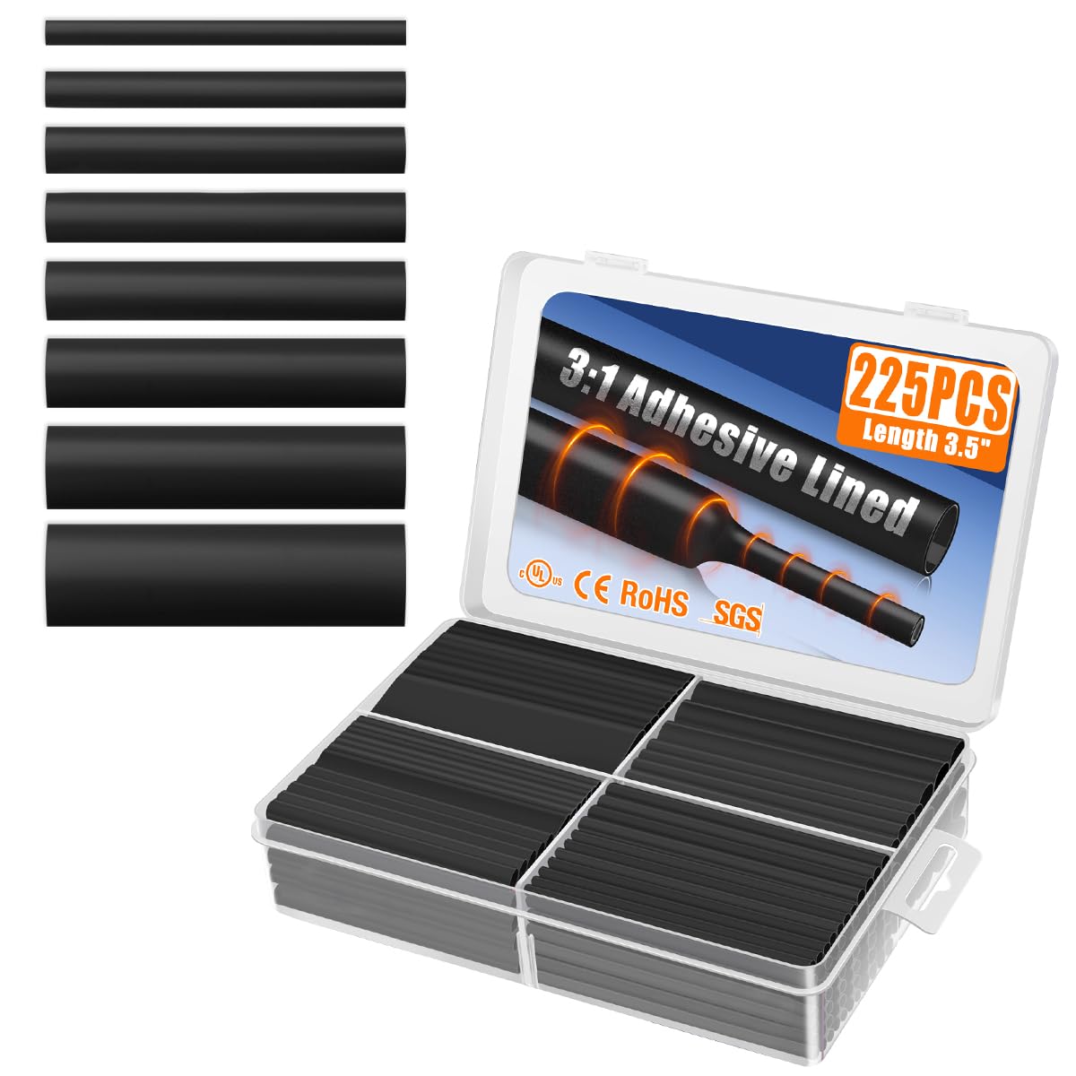XHF UL Listed 225 Pcs Length 3 45 3 1 Waterproof Heat Shrink – product photo (Heat-Shrink Tubing)