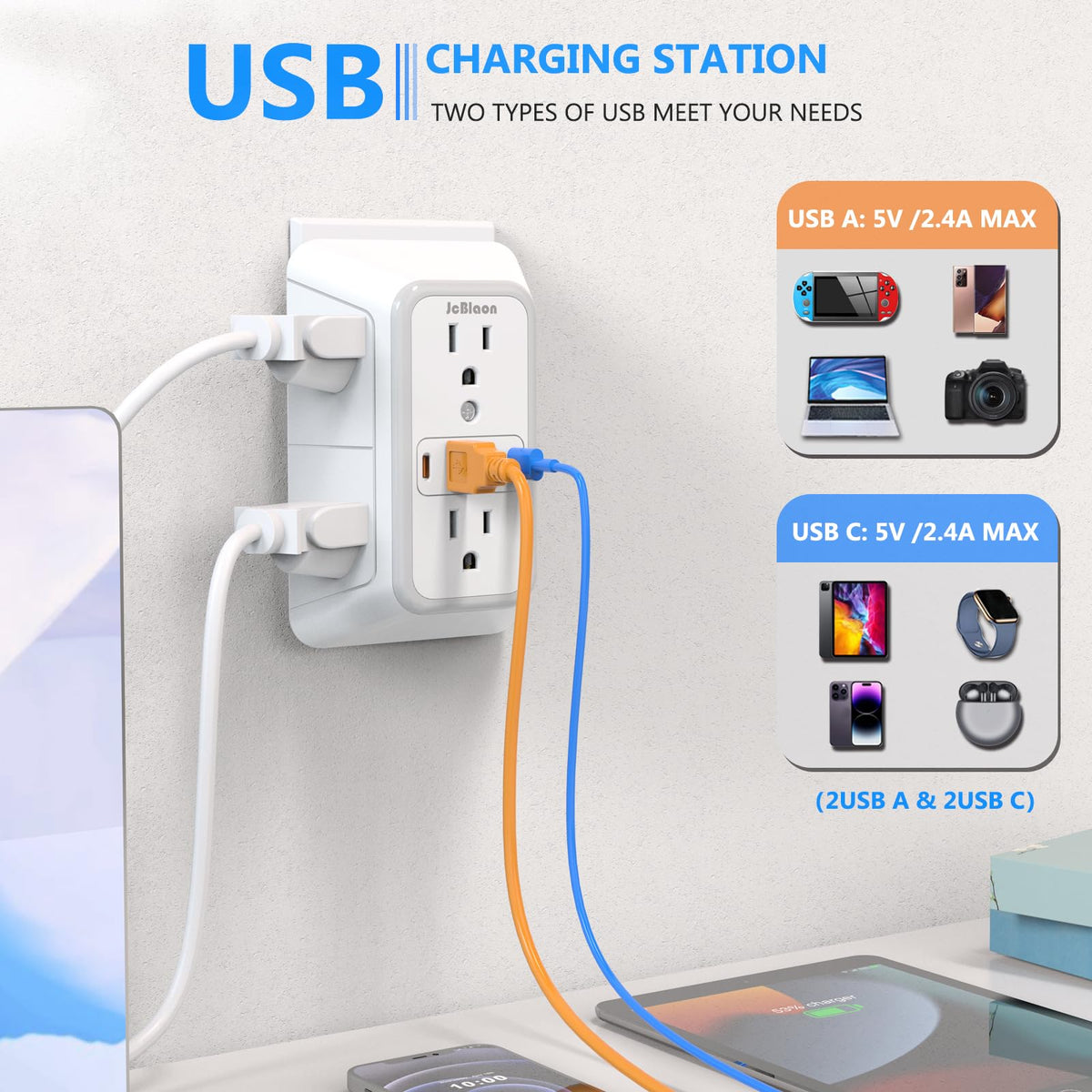 JcBlaon Outlet Extender Surge Protector – packaging and label