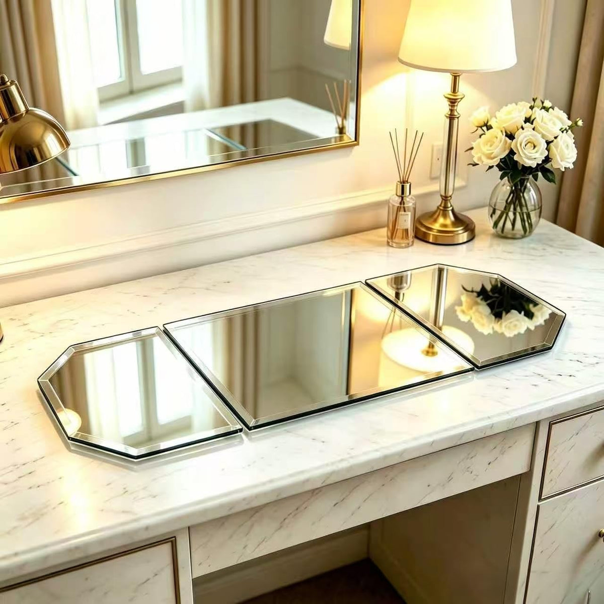 Beveled Glass Mirror Table Runner Mat 35x12 Inch Three Panel - GIMORRTO Official Imagery - 3