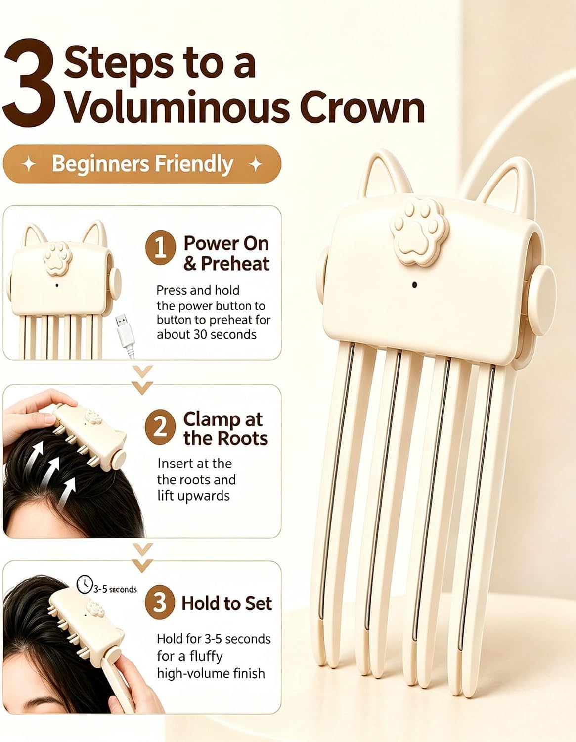 Cat Paw Heating Comb Heated Hair Volume Clip for Women - Premium Selection Official Imagery - 3