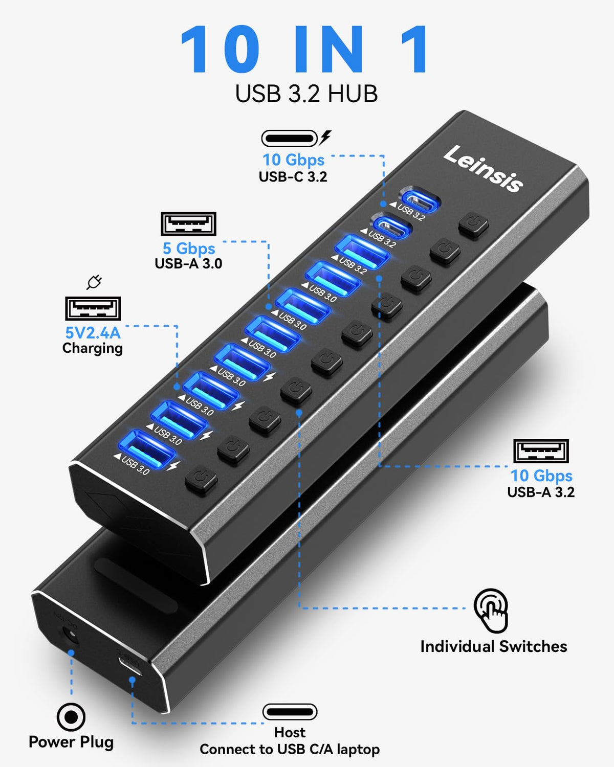 Powered USB Hub 3 2 LEINSIS 10 Port USB 3 2 USB C Hub with – close-up detail in light black