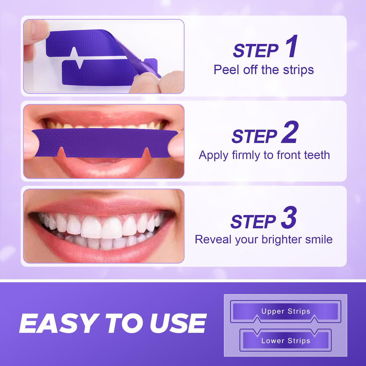 Pdoo Purple Teeth Whitening Strips 20 Count – back view and specifications
