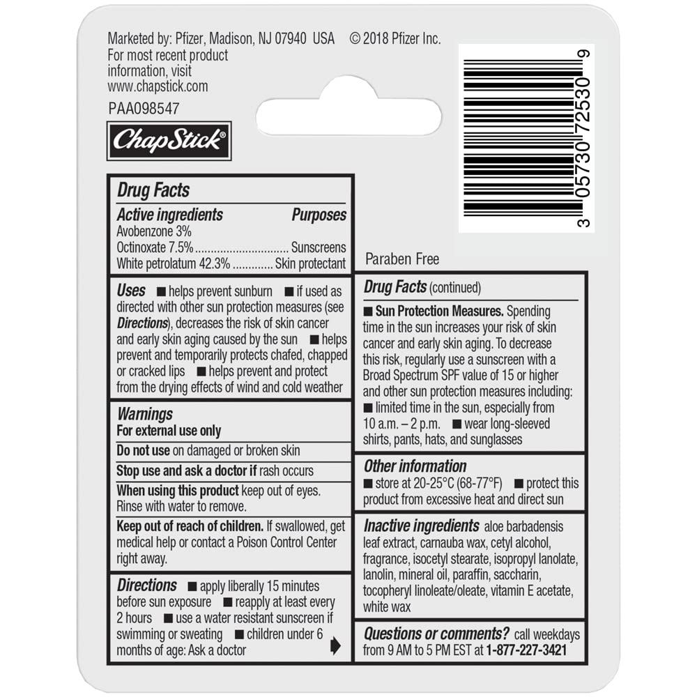 ChapStick Moisturizer Original Lip Balm Tubes SPF 15 and – packaging and label