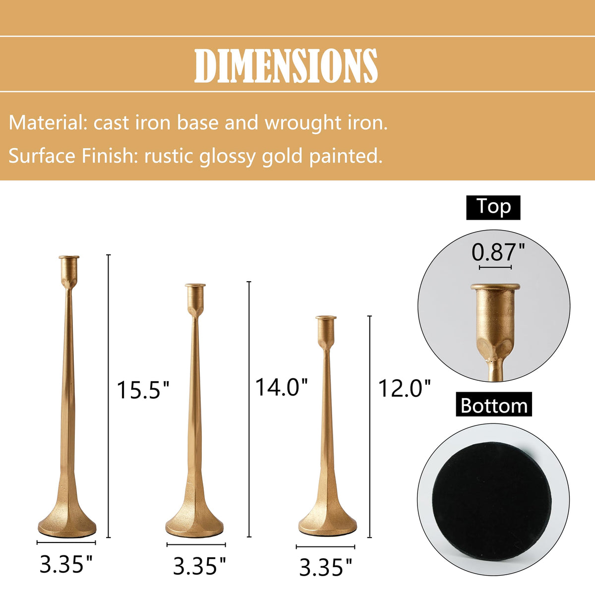 Denique Iron Taper Candle Holder Set of 3 Gold Candlestick - Denique Official Imagery - 2