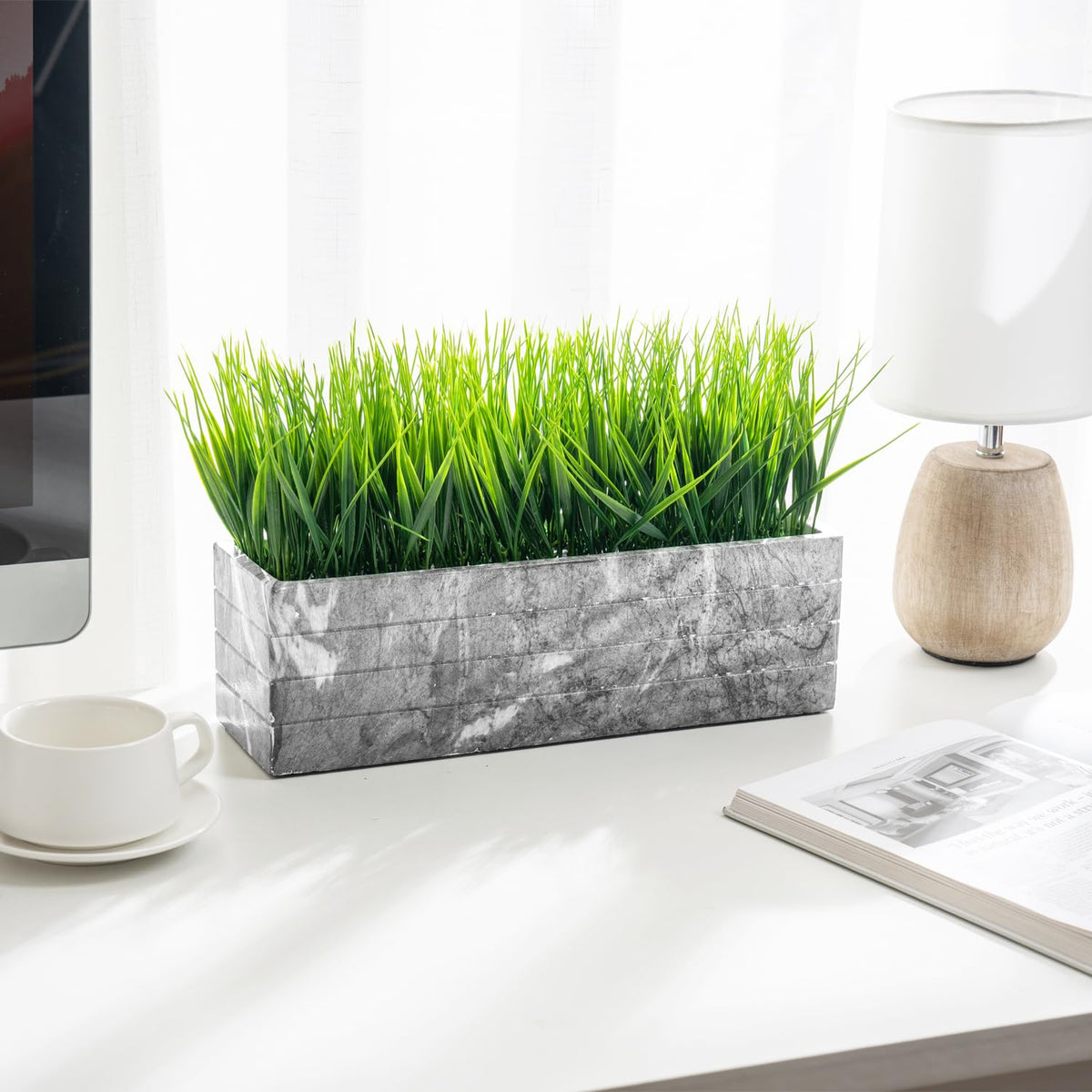 MyGift 14 Inch Artificial Green Grass Plant in Gray Marble - MyGift Official Imagery - 4