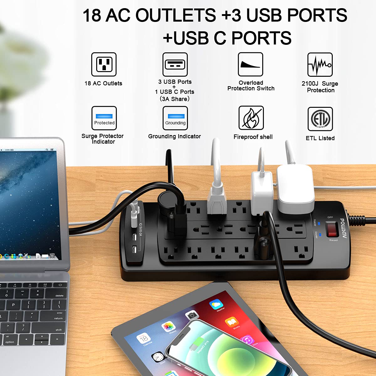 POWSAV 18 Outlets Surge Protector Power Strip – close-up detail in Black