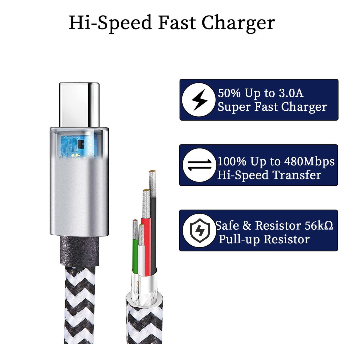 QQLIKE USB C Cable 5 Pack 3A Fast Charging Nylon Braided – full view