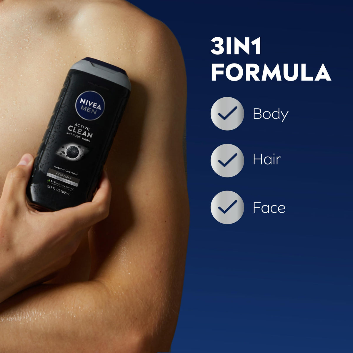 NIVEA MEN Active Clean 3 in 1 Body Wash Mulitpack 3 x 16 9 – close-up detail