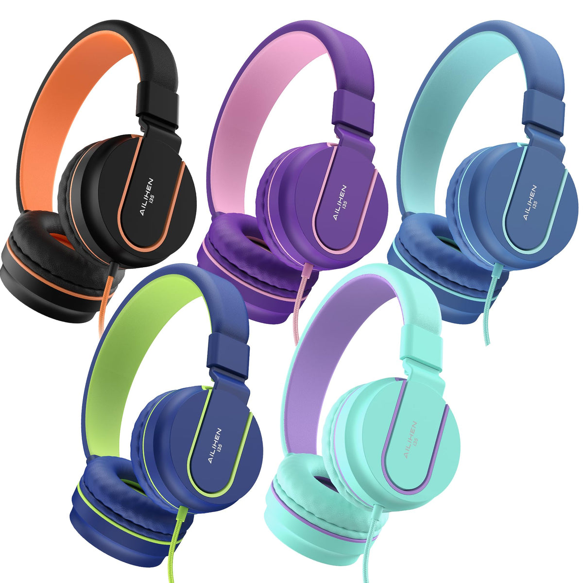 AILIHEN Kids Headphones Bulk 5 Pack for School Classroom – Multi Color, Faux Leather, 40 millimeters