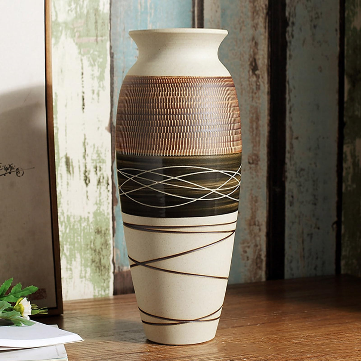 HUBUISH 12.6" Tall Vintage Ceramic Rustic Farmhouse Vase (Half Skipcut Brown) – Multicolor, Ceramic, Porcelain
