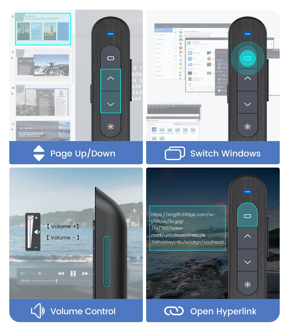 DinoFire Wireless Presenter Hyperlink Volume Control Presentation – back view and specifications